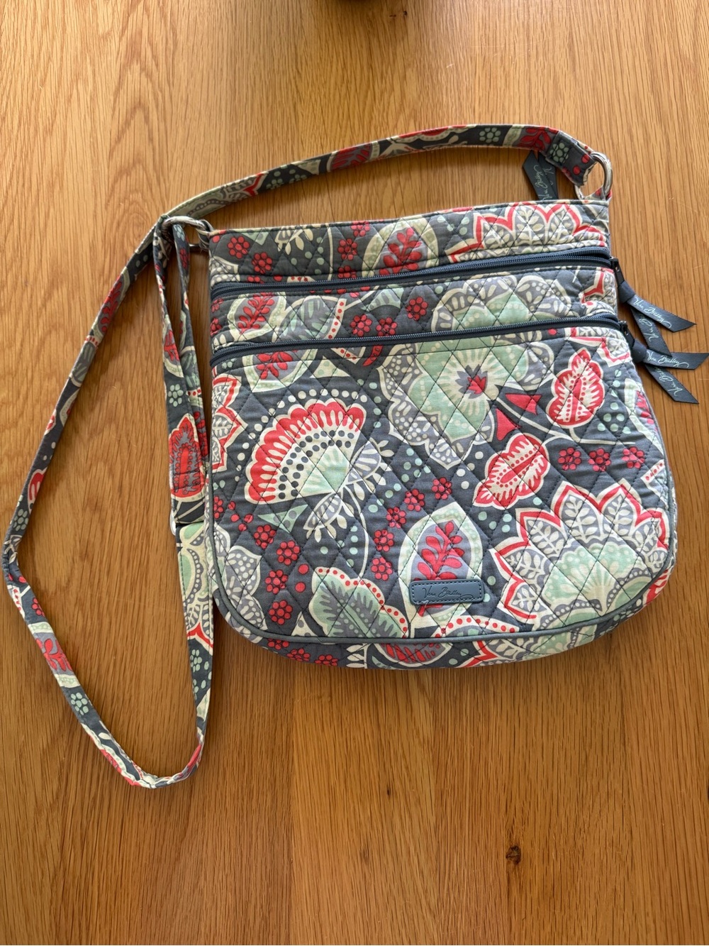 Vera Bradley Quilted Crossbody — Gray, Red & Mint Floral